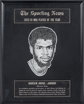 1973-74 The Sporting News NBA Player of the Year Plaque Presented To Kareem Abdul-Jabbar (Abdul-Jabbar LOA)